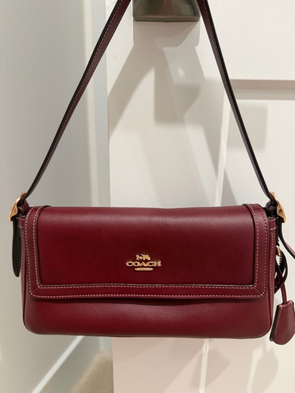 Authentic Coach Burgundy Leather Flap Shoulder Bag with Gold Hardware